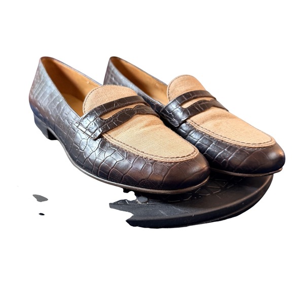 Lauren Ralph Lauren Brown Croc Embossed Leather Linen Penny Loafers 9B Brazil - Picture 2 of 9